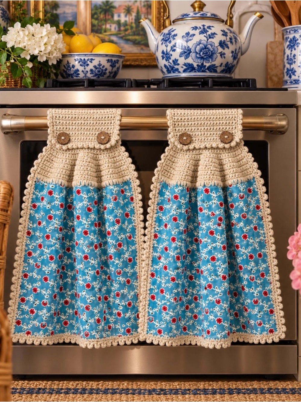 Pioneer Woman Crochet Hanging Kitchen Towels Pair Blue Floral